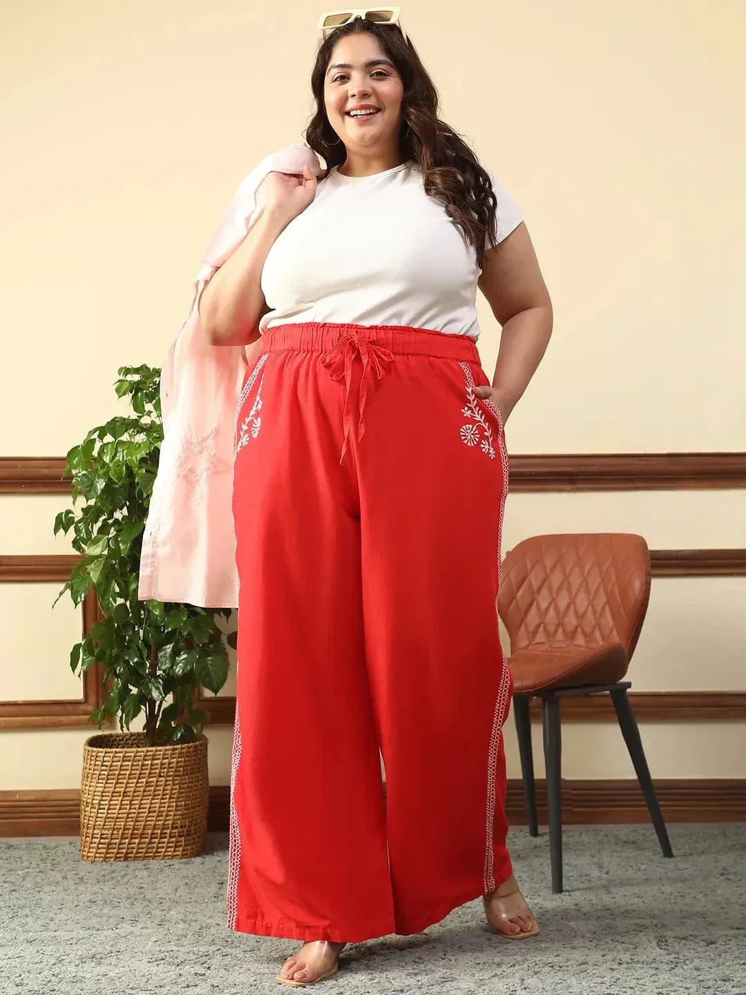 Casual Red Elasticated With Tie -Up Detail Embroidered Plus Size Women Cotton Linen Pant - oxolloxo