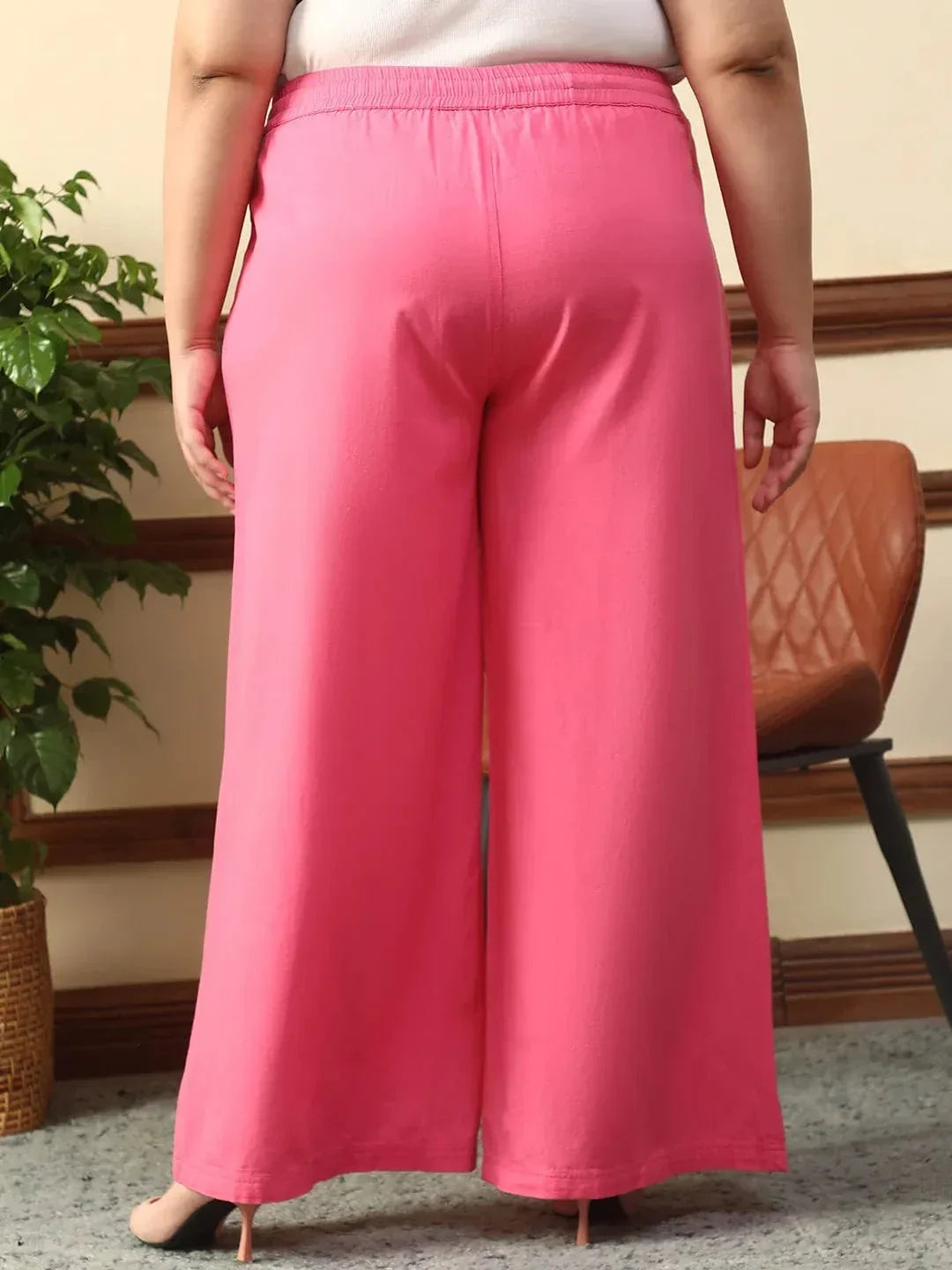 Vibey Pink Elasticated With Tie -Up Detail Plus Size Women Cotton Linen Flare Pant - oxolloxo