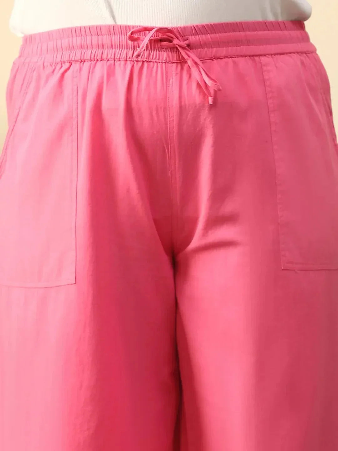 Vibey Pink Elasticated With Tie -Up Detail Plus Size Women Cotton Linen Flare Pant - oxolloxo
