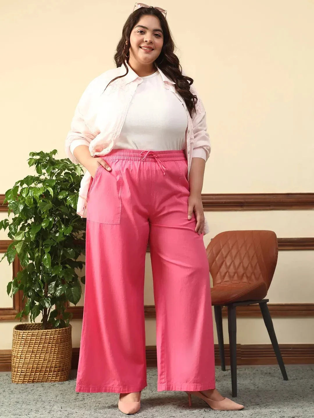Vibey Pink Elasticated With Tie -Up Detail Plus Size Women Cotton Linen Flare Pant - oxolloxo