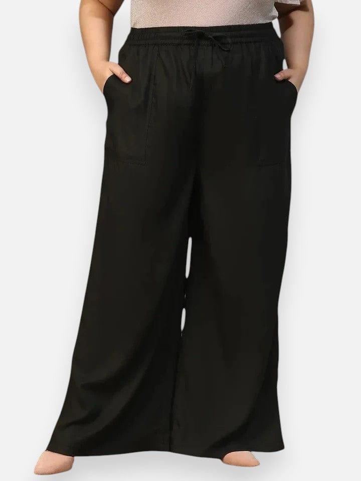 Plus size black cotton linen flared pants with tie-up waist