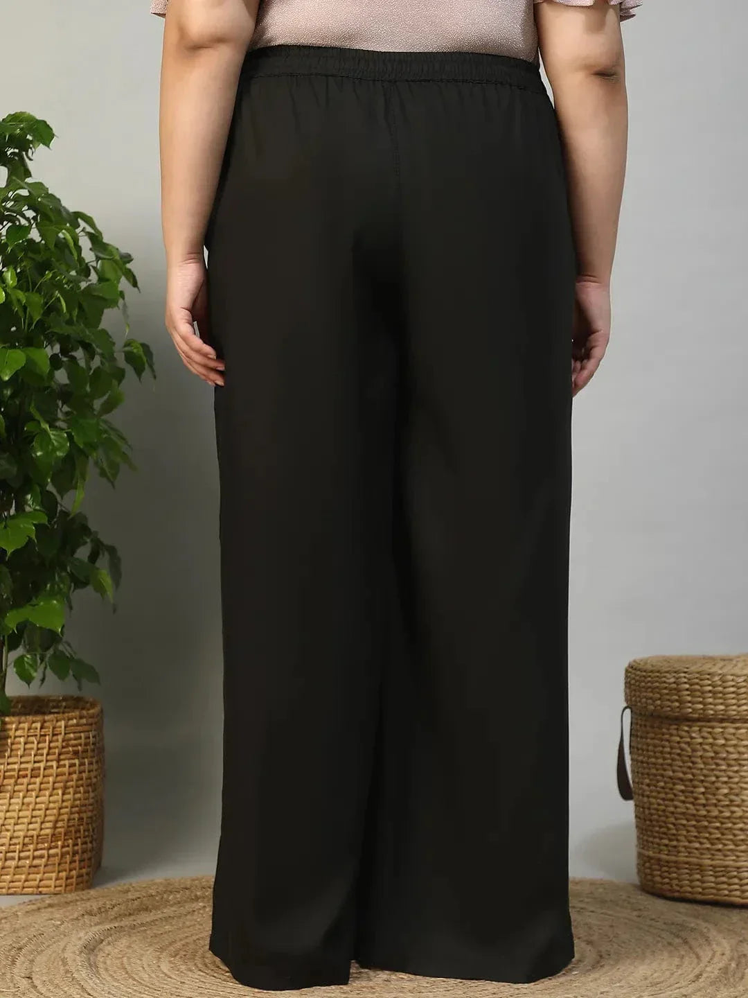 Plus size black cotton linen flared pants with tie-up waist, photo 5