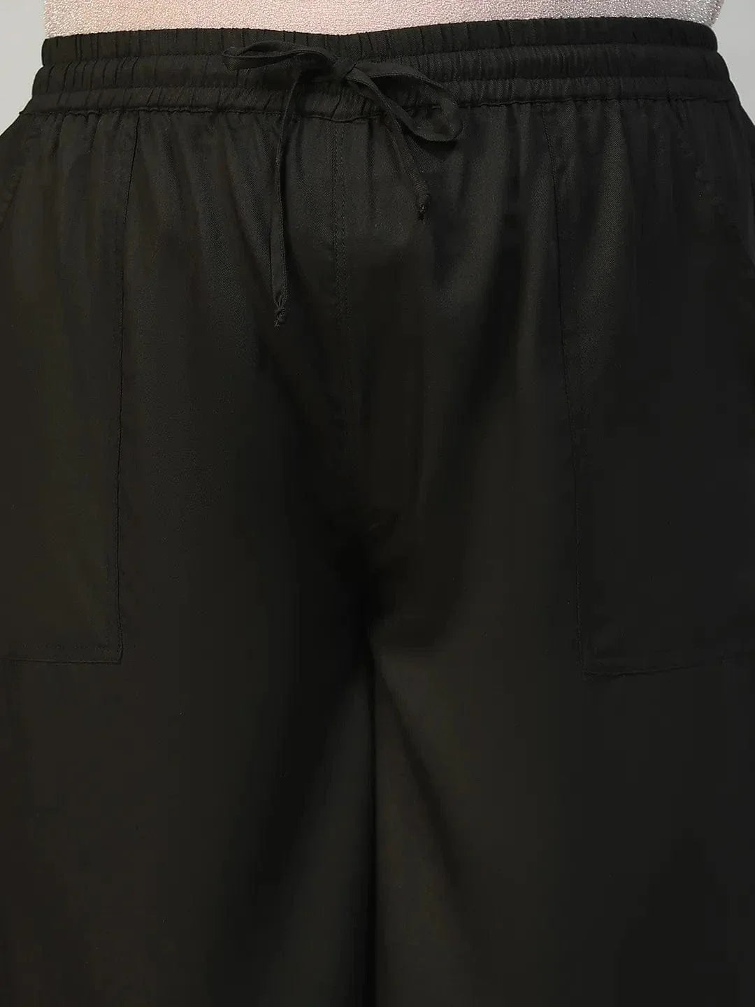 Plus size black cotton linen flared pants with tie-up waist, photo 6