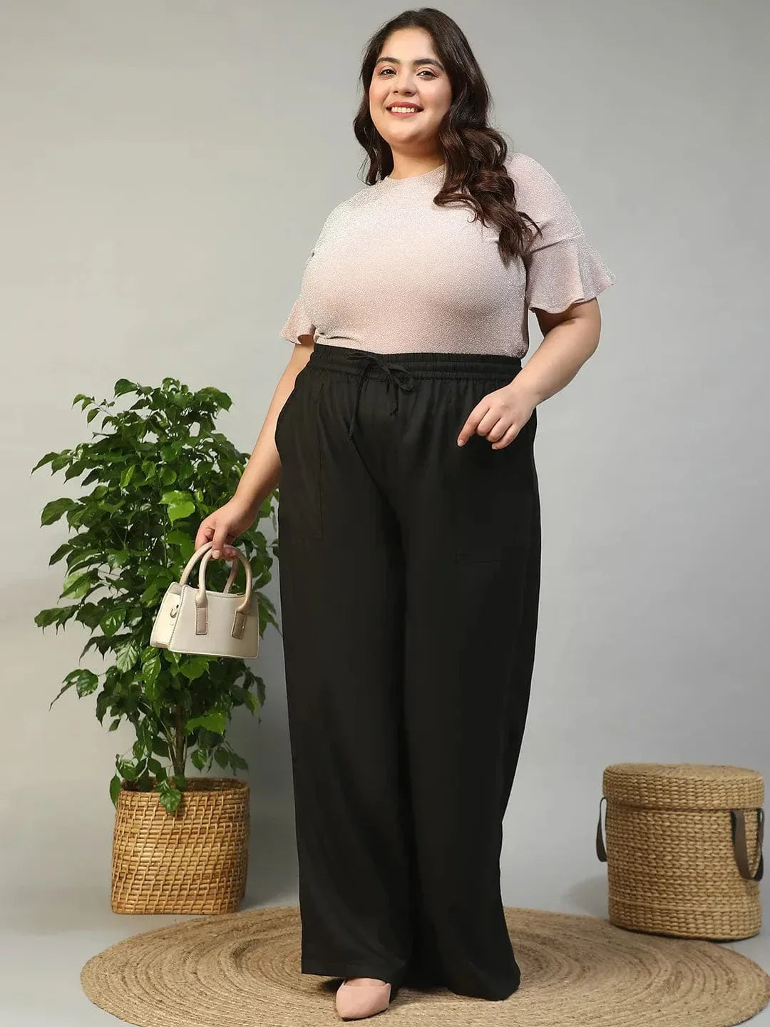 Plus size black cotton linen flared pants with tie-up waist, photo 7