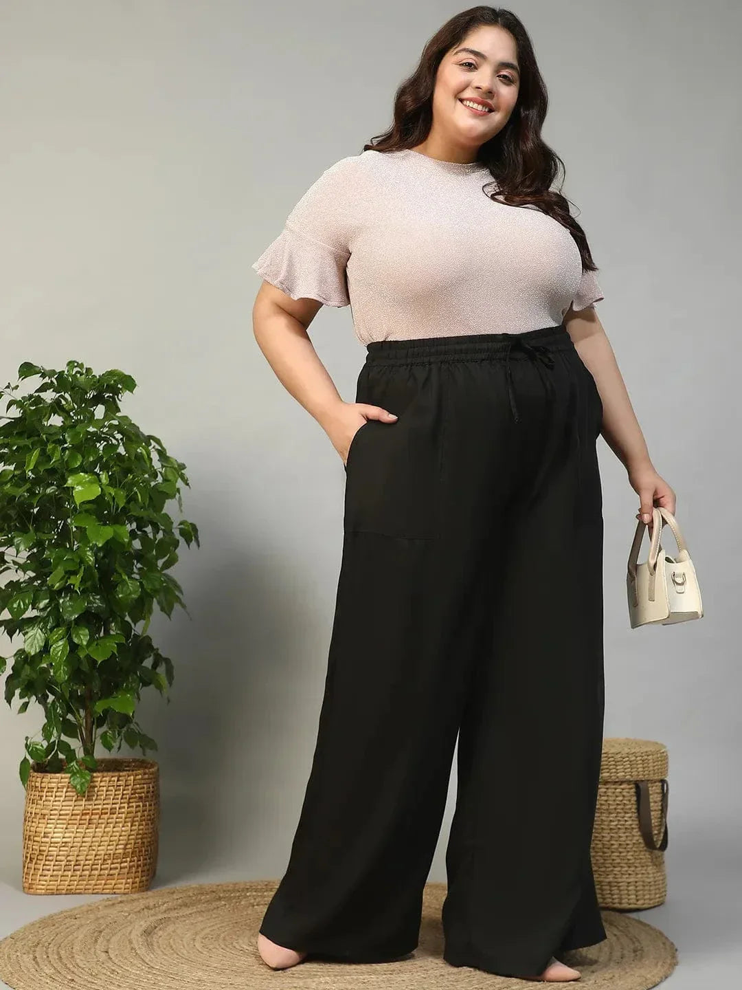Plus size black cotton linen flared pants with tie-up waist, photo 8