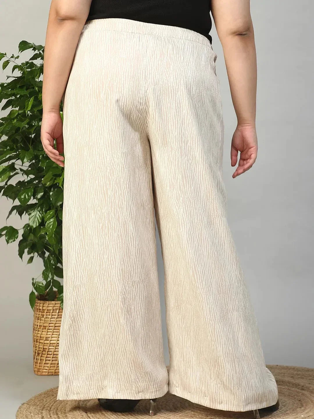 Beige Elasticated With Tie -Up Detail Rayon Dot Print Plus Size Women Flare Pant - oxolloxo