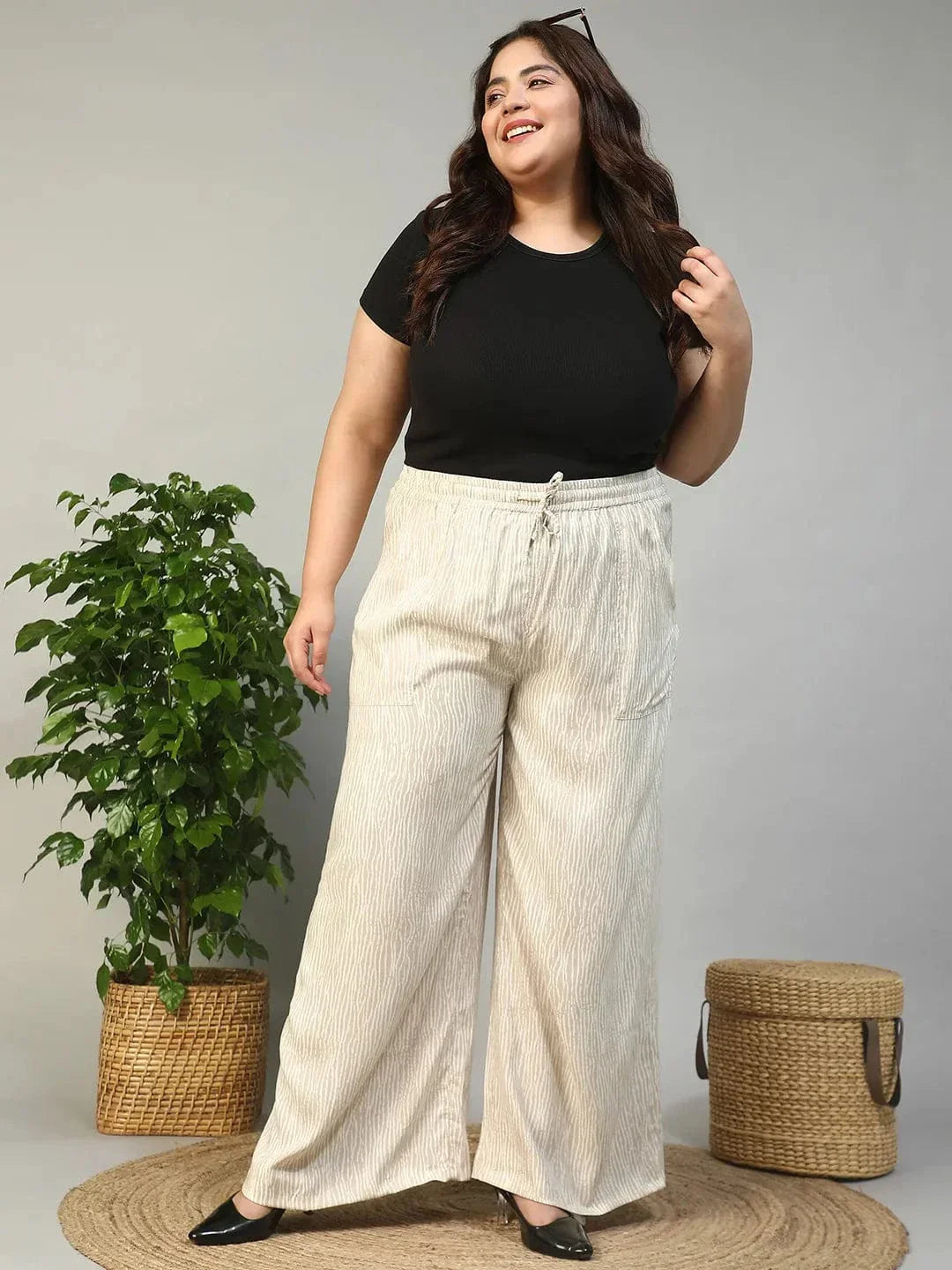 Beige Elasticated With Tie -Up Detail Rayon Dot Print Plus Size Women Flare Pant - oxolloxo
