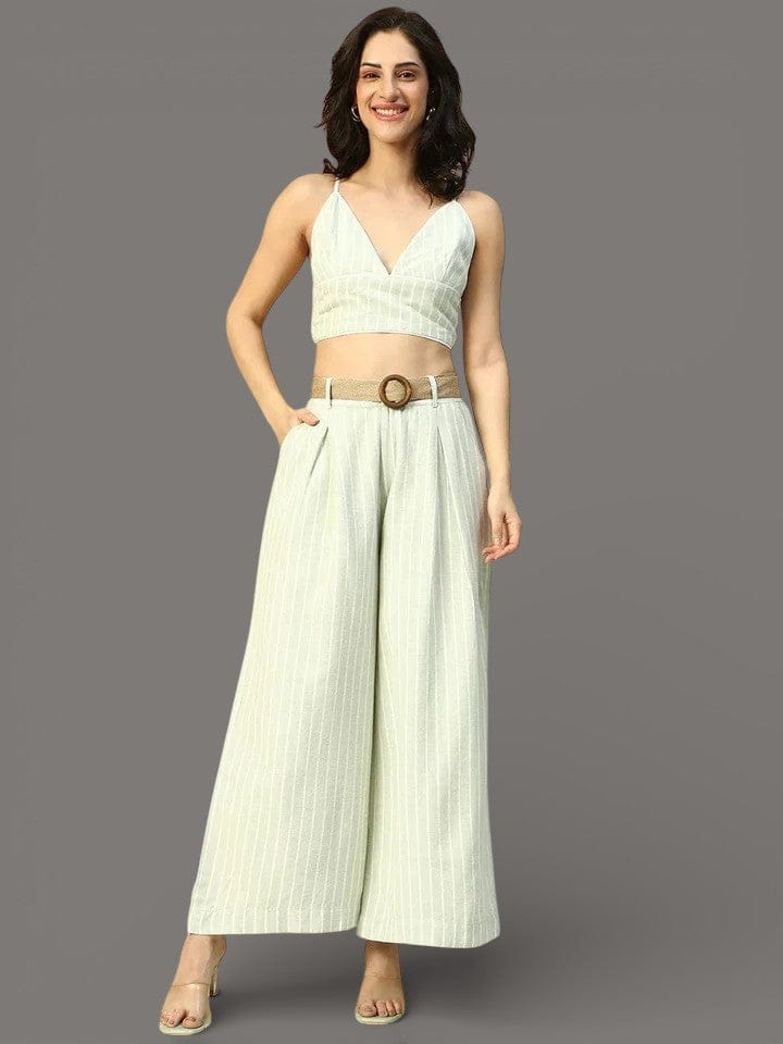 Light Green Stripe Crop Top With Pant | Co-Ord Set