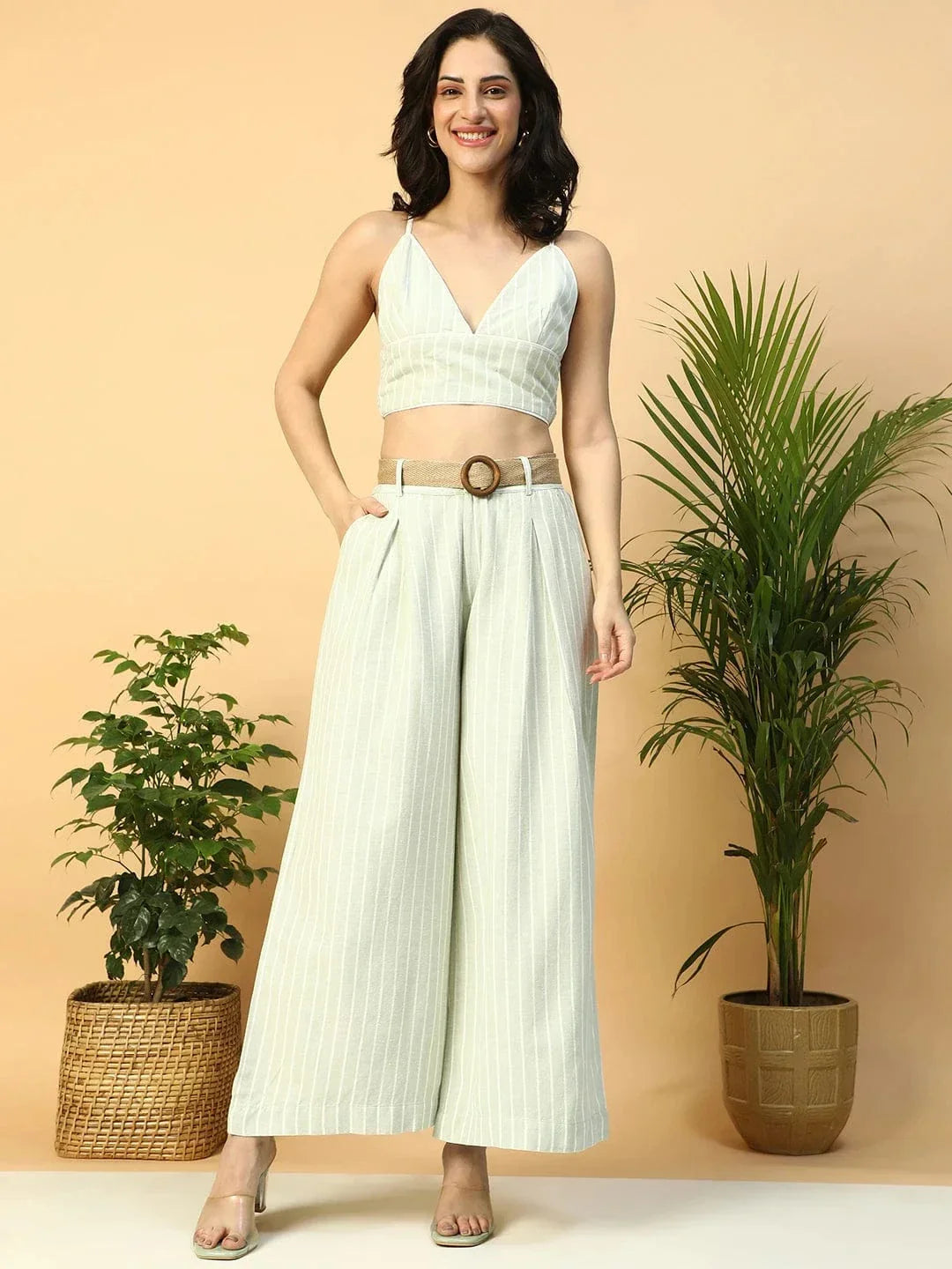 Light Green Stripe Print V-Neck Crop Top With Pant Women Cotton Linen Co-Ord Set - oxolloxo