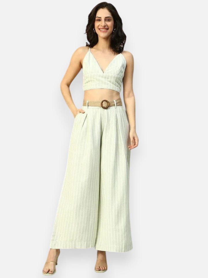 Light Green Stripe Crop Top With Pant | Co-Ord Set