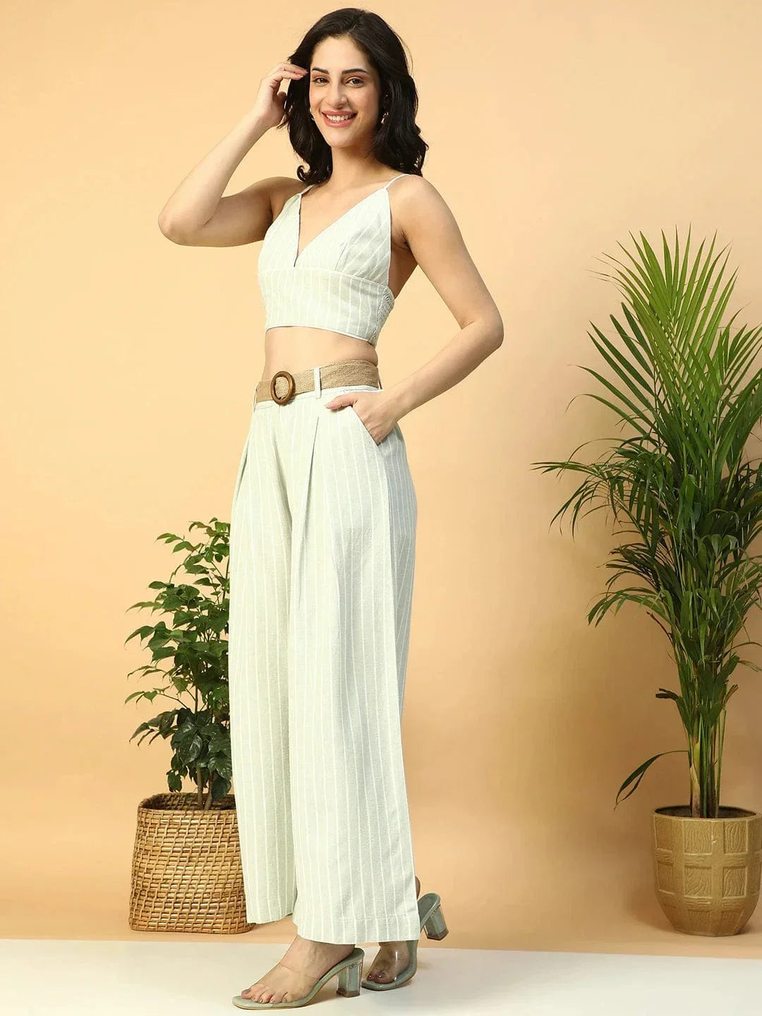 Light Green Stripe Print V-Neck Crop Top With Pant Women Cotton Linen Co-Ord Set - oxolloxo