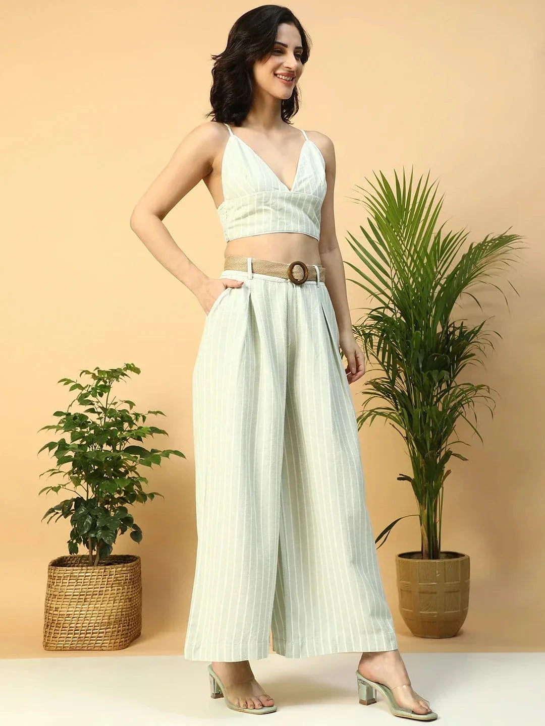 Light Green Stripe Print V-Neck Crop Top With Pant Women Cotton Linen Co-Ord Set - oxolloxo