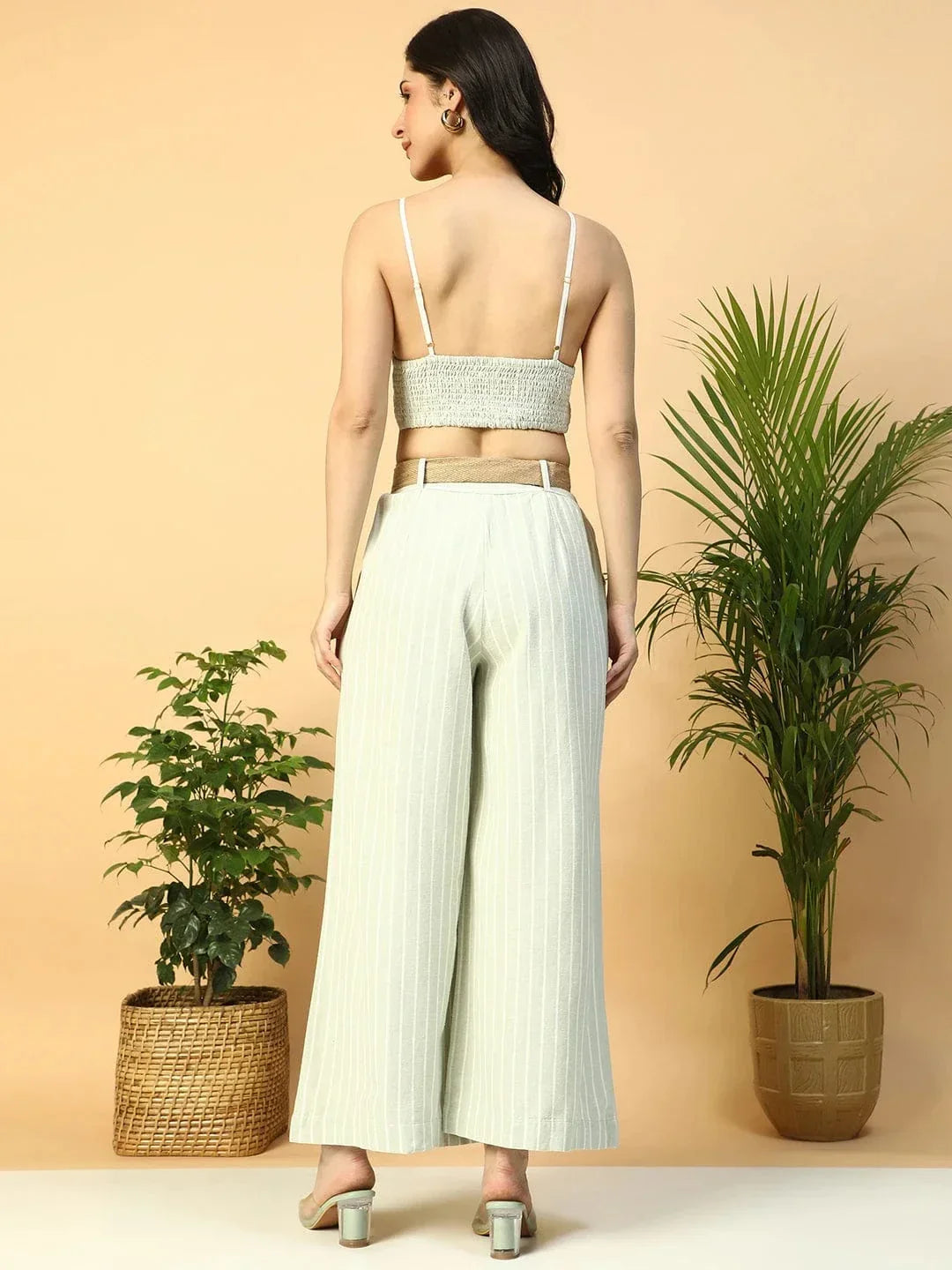 Light Green Stripe Print V-Neck Crop Top With Pant Women Cotton Linen Co-Ord Set - oxolloxo