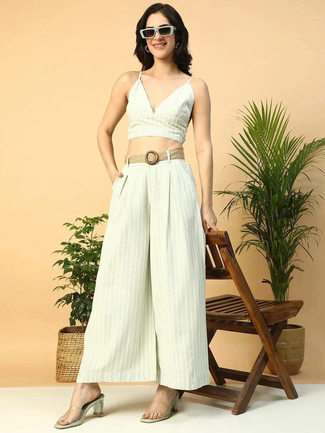 Light Green Stripe Print V-Neck Crop Top With Pant Women Cotton Linen Co-Ord Set - oxolloxo