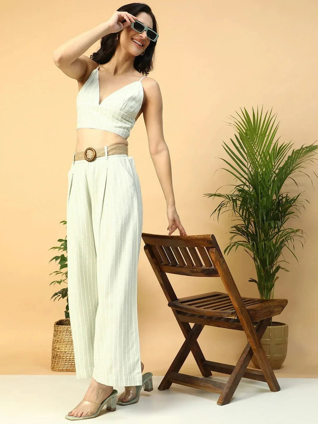 Light Green Stripe Print V-Neck Crop Top With Pant Women Cotton Linen Co-Ord Set - oxolloxo