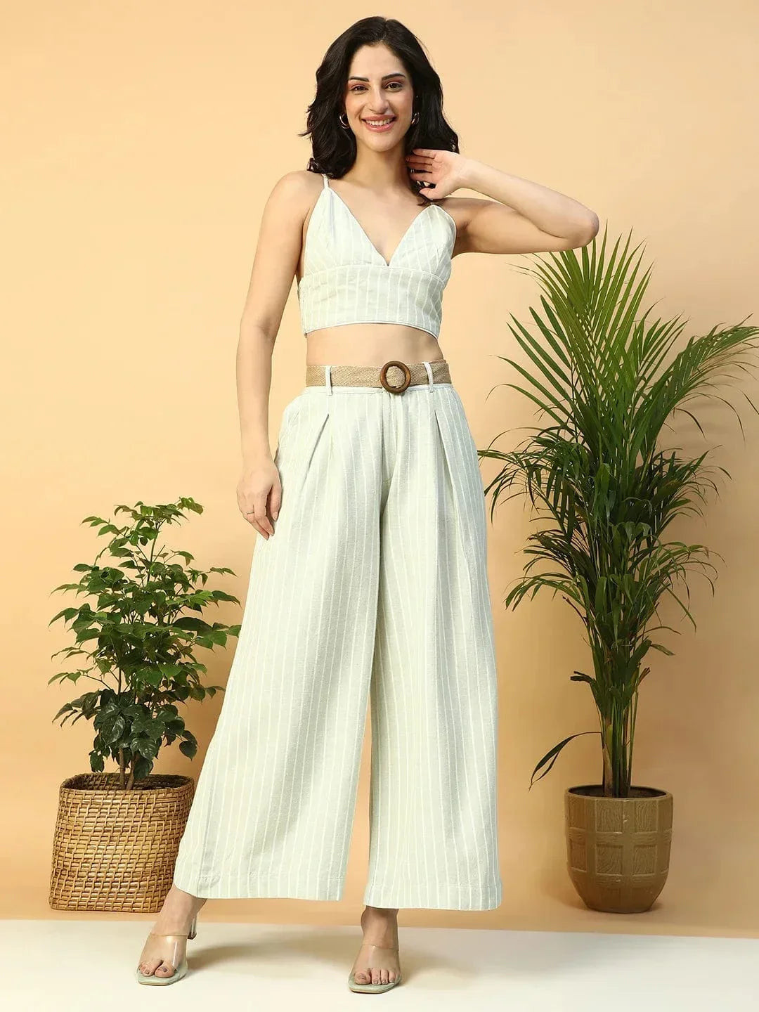 Super Light Green Stripe Print Shoulder Strap Sleeveless Women Cotton Crop Top - oxolloxo