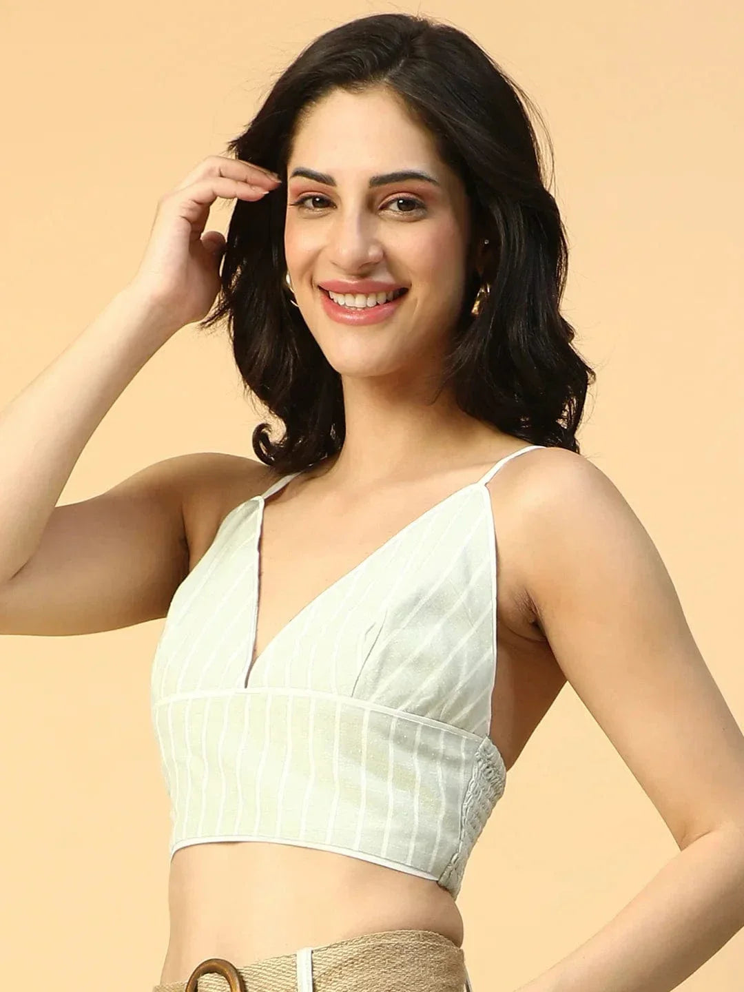 Super Light Green Stripe Print Shoulder Strap Sleeveless Women Cotton Crop Top - oxolloxo