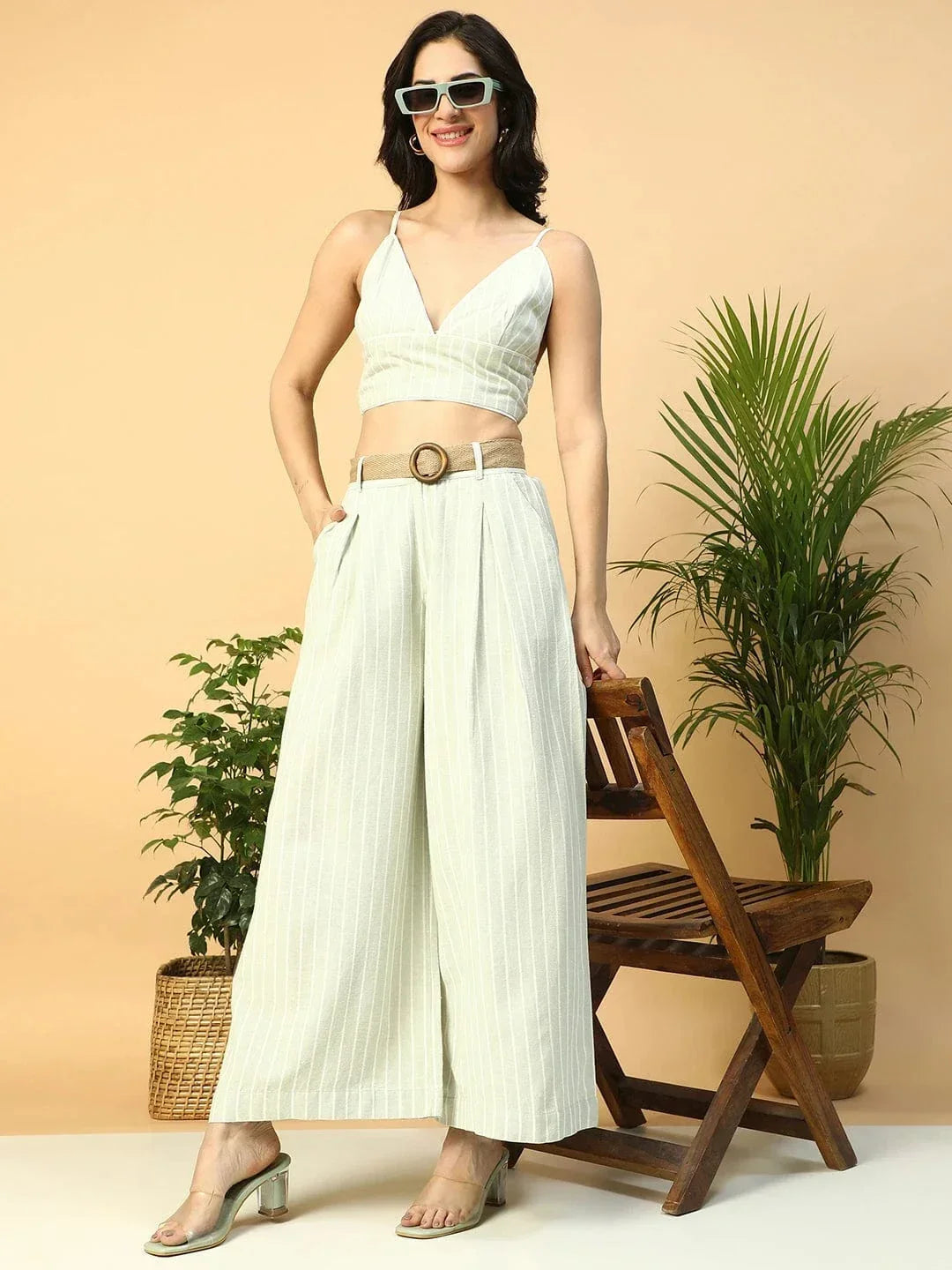 Super Light Green Stripe Print Shoulder Strap Sleeveless Women Cotton Crop Top - oxolloxo