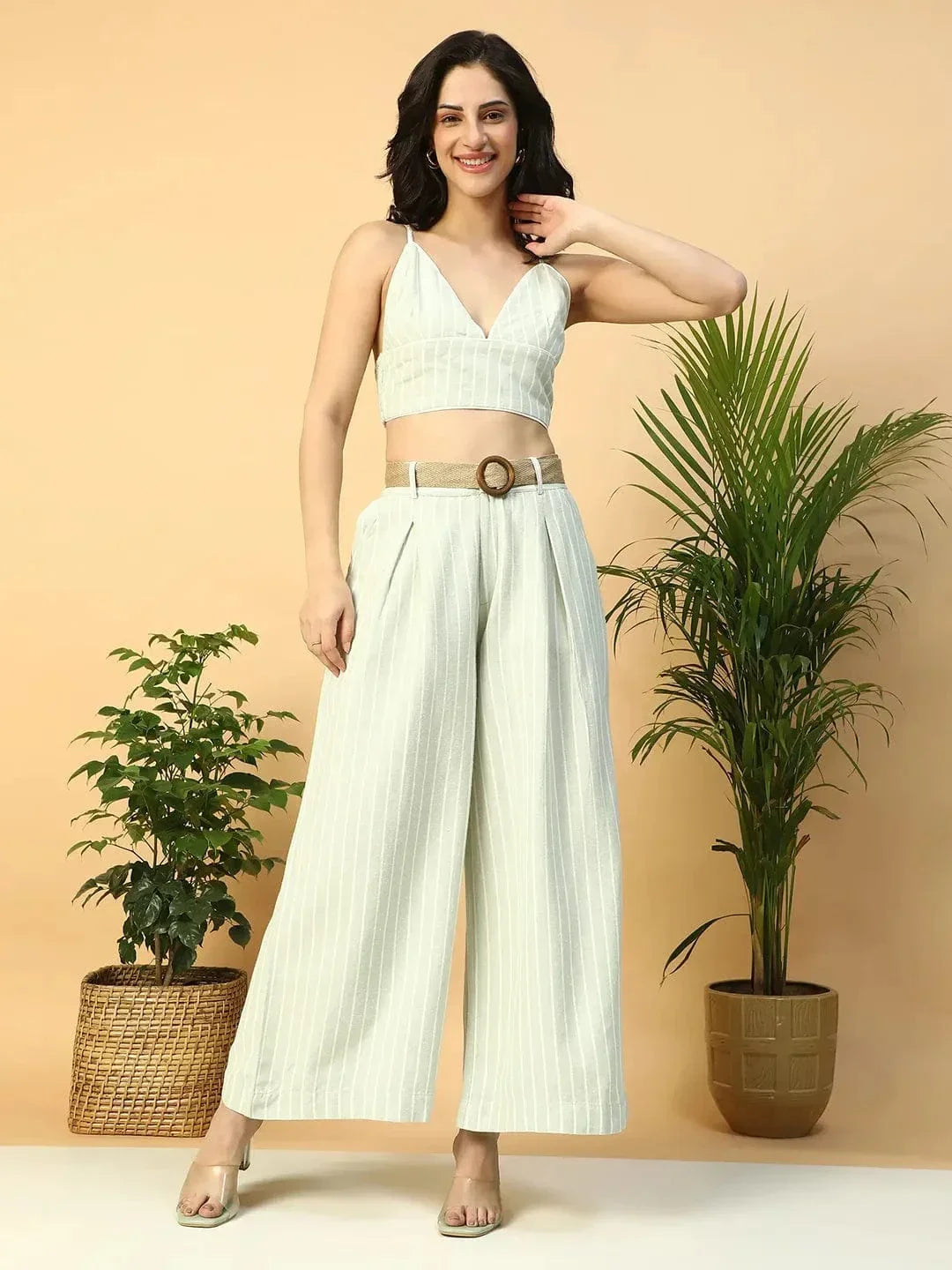 Light Green Elasticated With Button Closure Long Flared Women Pant - oxolloxo