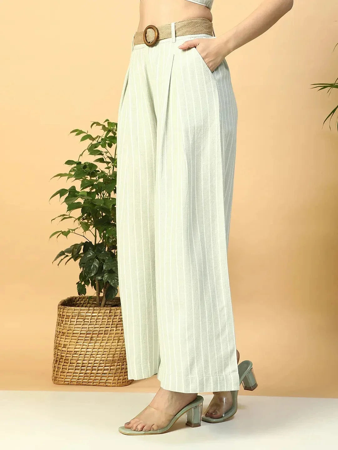 Light Green Elasticated With Button Closure Long Flared Women Pant - oxolloxo