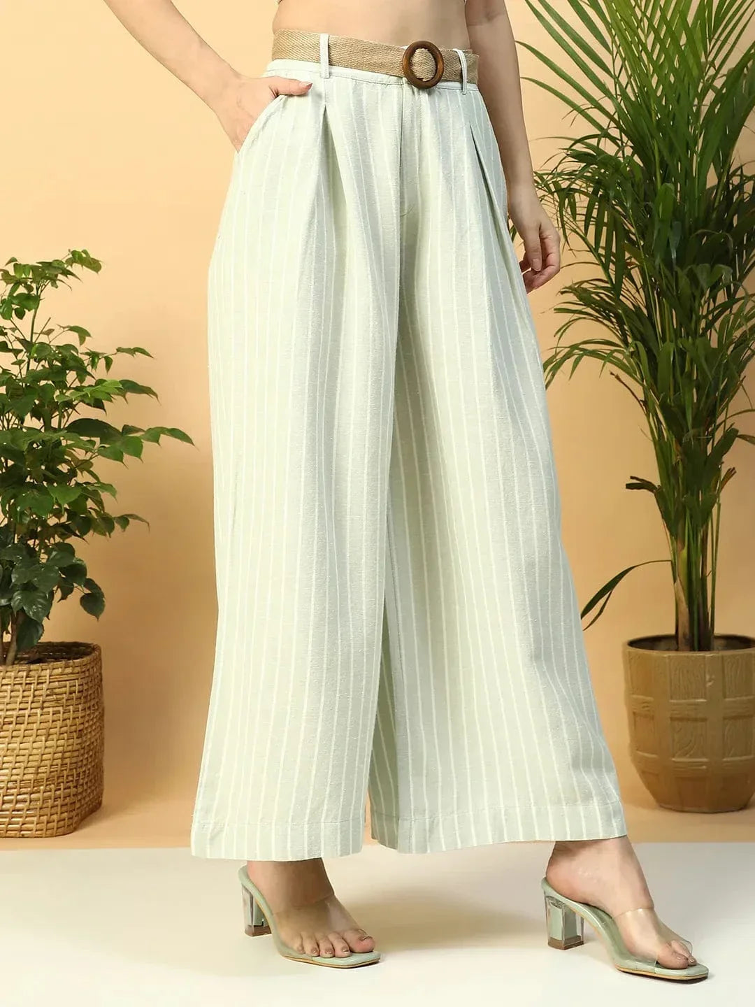 Light Green Elasticated With Button Closure Long Flared Women Pant - oxolloxo