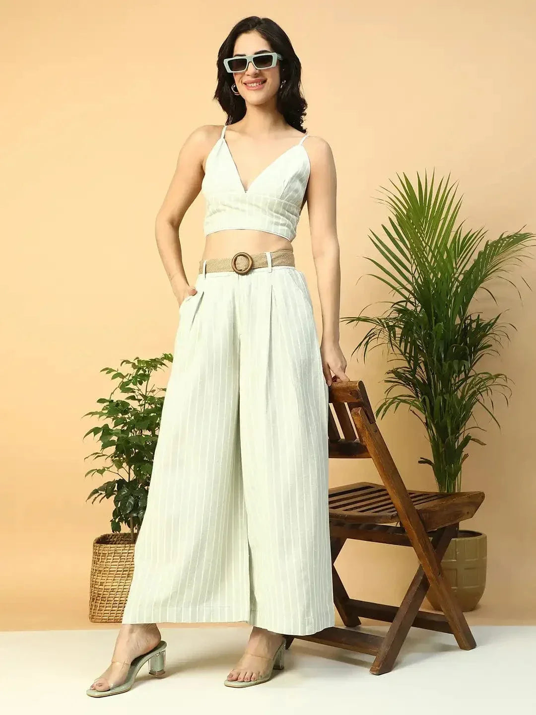 Light Green Elasticated With Button Closure Long Flared Women Pant - oxolloxo