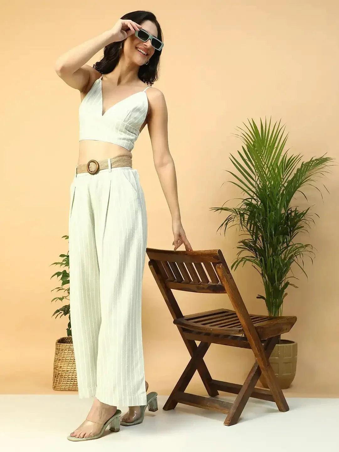 Light Green Elasticated With Button Closure Long Flared Women Pant - oxolloxo