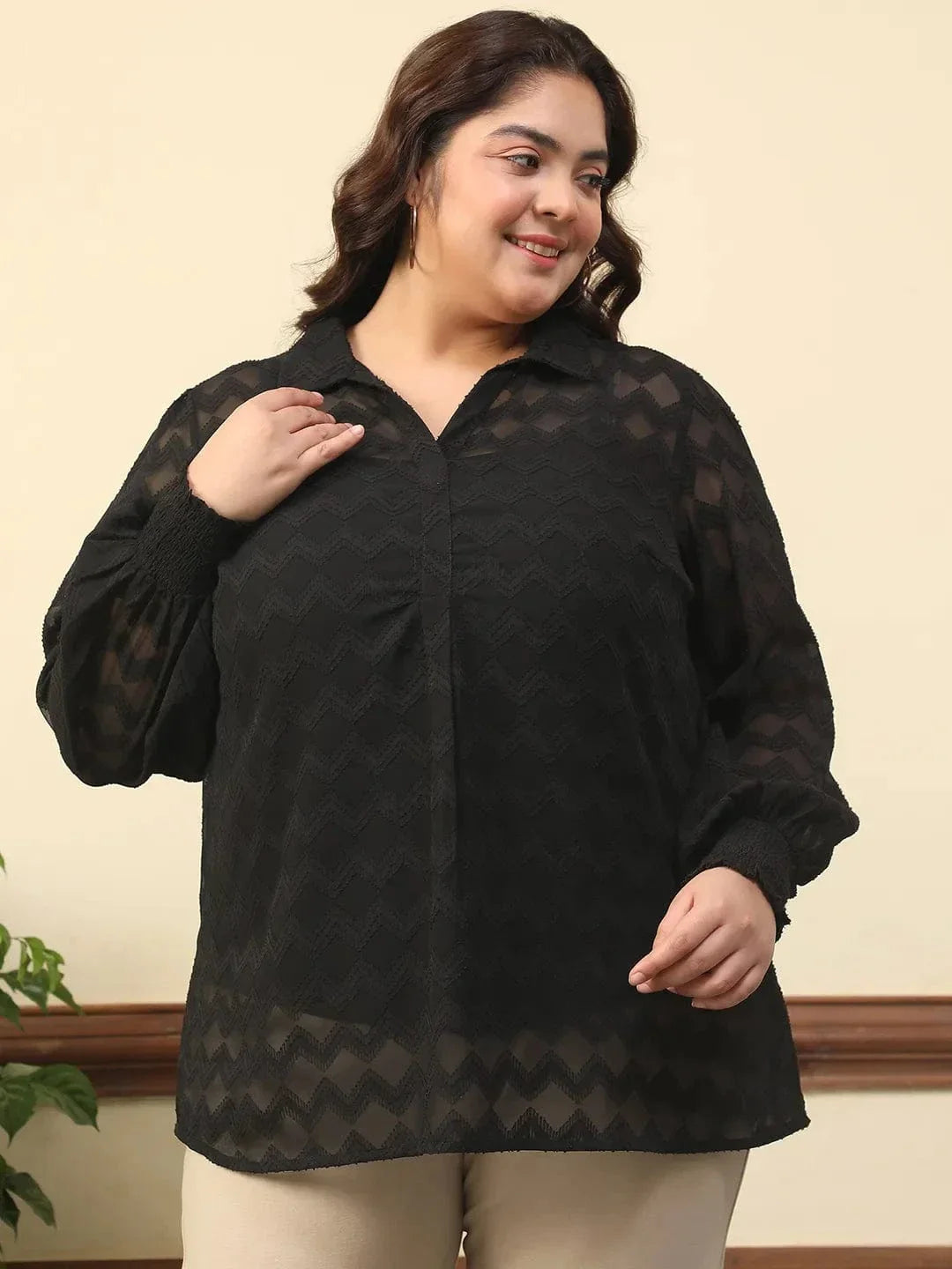 Wamper Black Collared Long Sleeve Plus Size Women Poly Dobby Top - oxolloxo