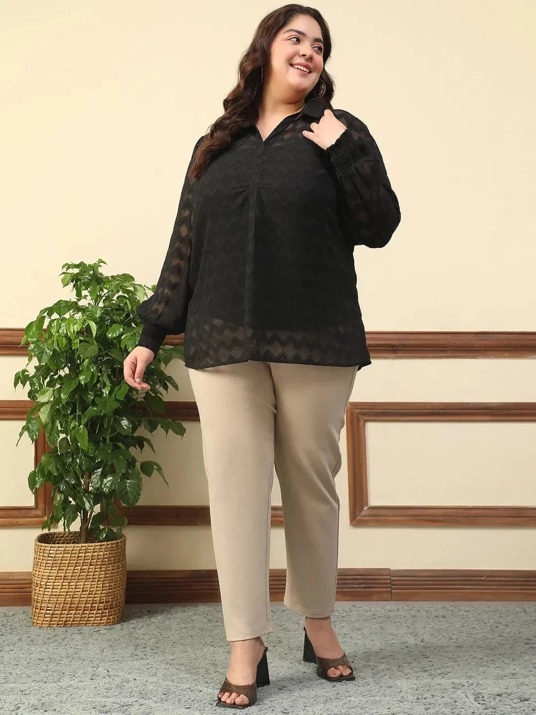 Wamper Black Collared Long Sleeve Plus Size Women Poly Dobby Top - oxolloxo