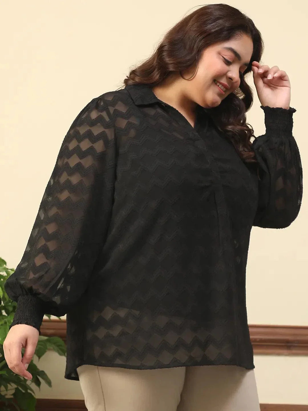 Wamper Black Collared Long Sleeve Plus Size Women Poly Dobby Top - oxolloxo
