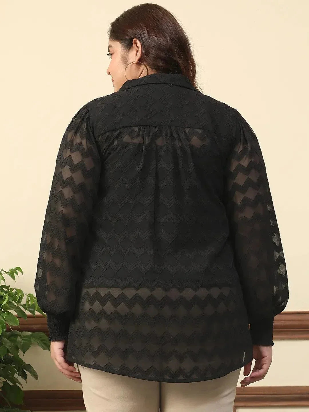 Wamper Black Collared Long Sleeve Plus Size Women Poly Dobby Top - oxolloxo