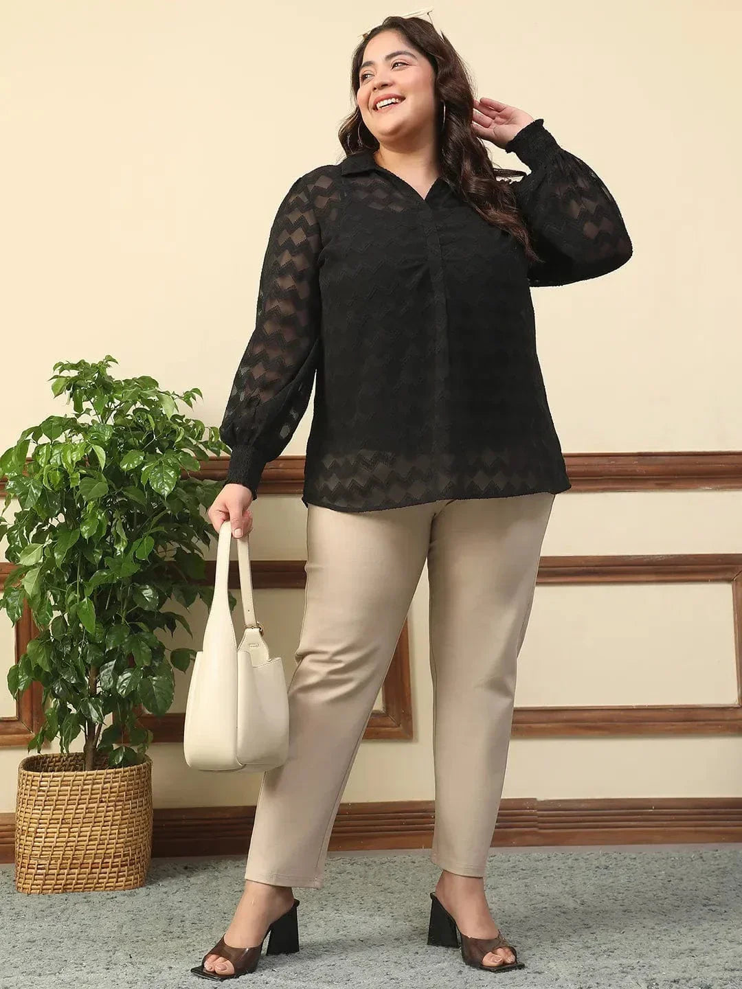Wamper Black Collared Long Sleeve Plus Size Women Poly Dobby Top - oxolloxo
