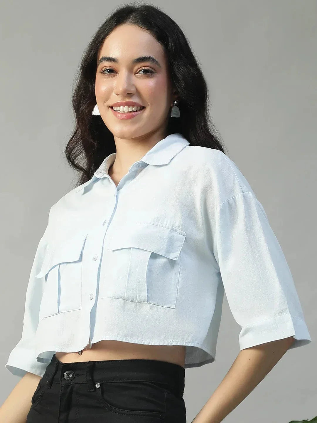 standard-solid-blue-collared-with-button-fly-short-sleeve-women-cotton-linen-crop-shirt