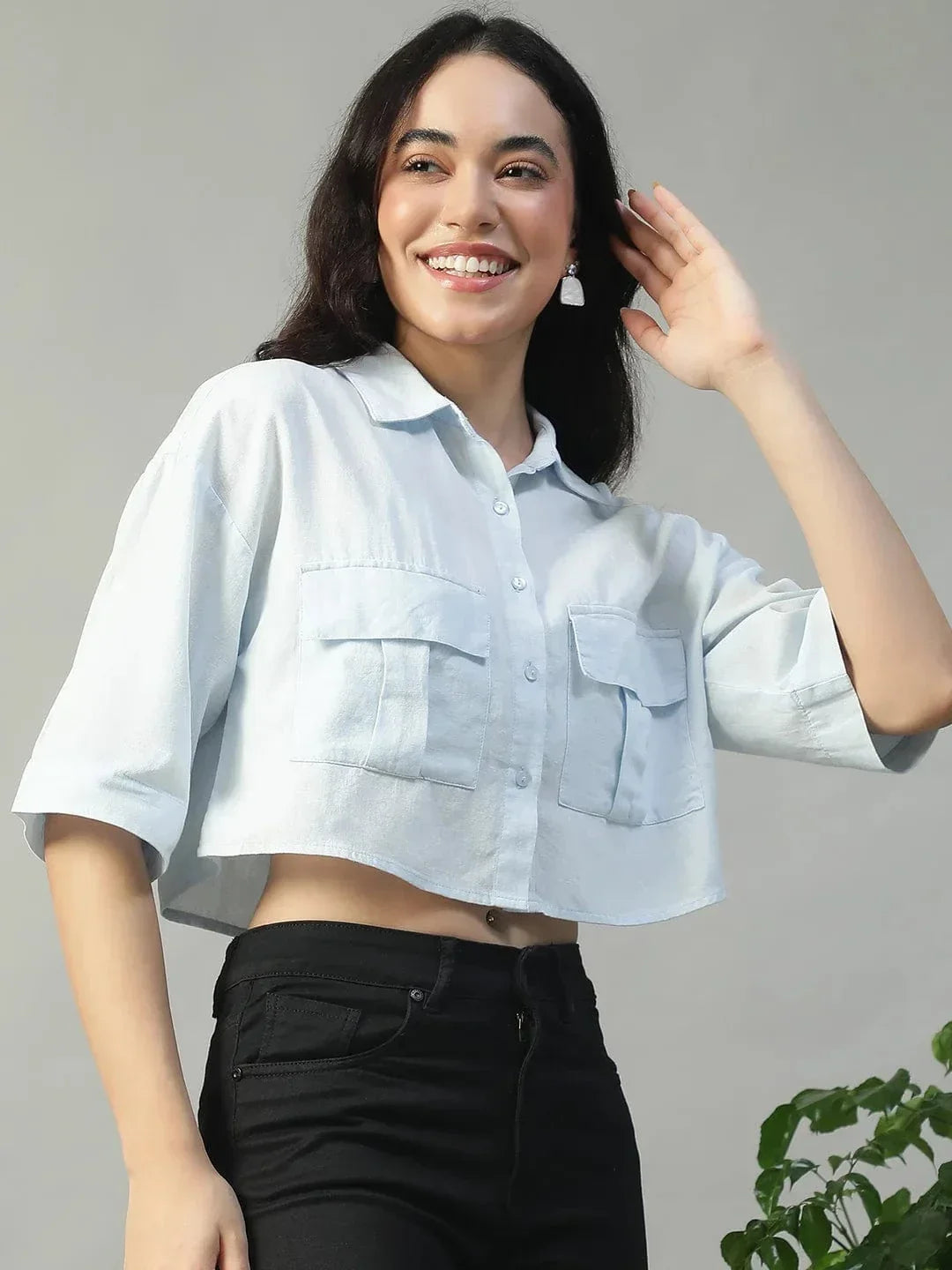 standard-solid-blue-collared-with-button-fly-short-sleeve-women-cotton-linen-crop-shirt