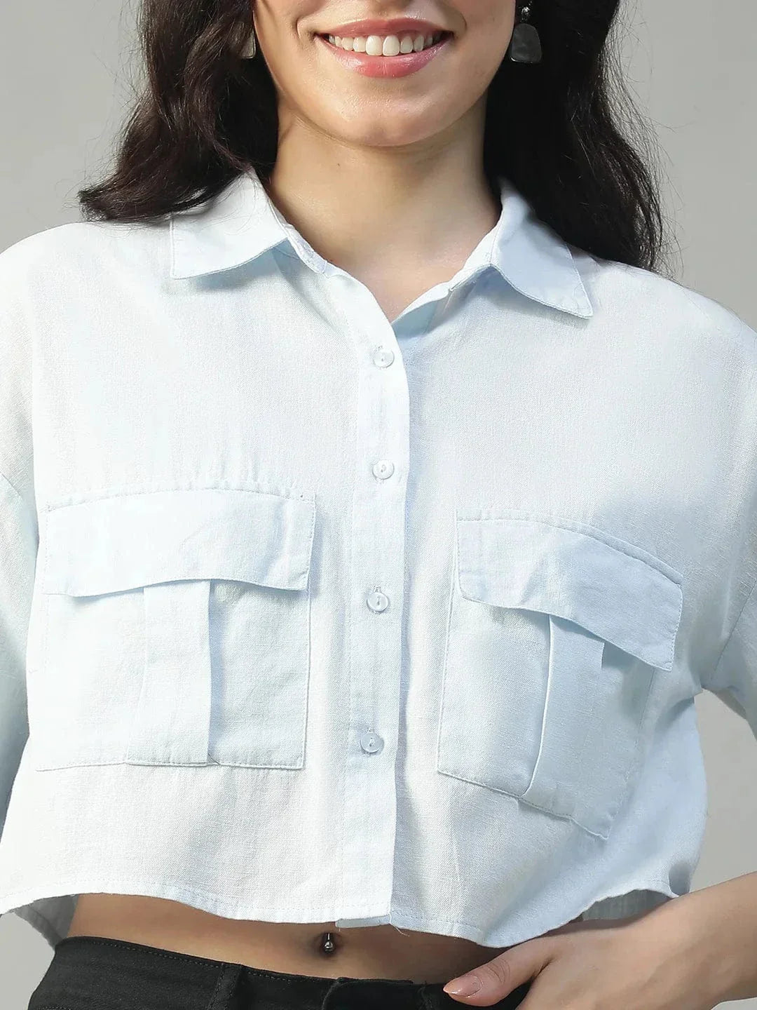 standard-solid-blue-collared-with-button-fly-short-sleeve-women-cotton-linen-crop-shirt