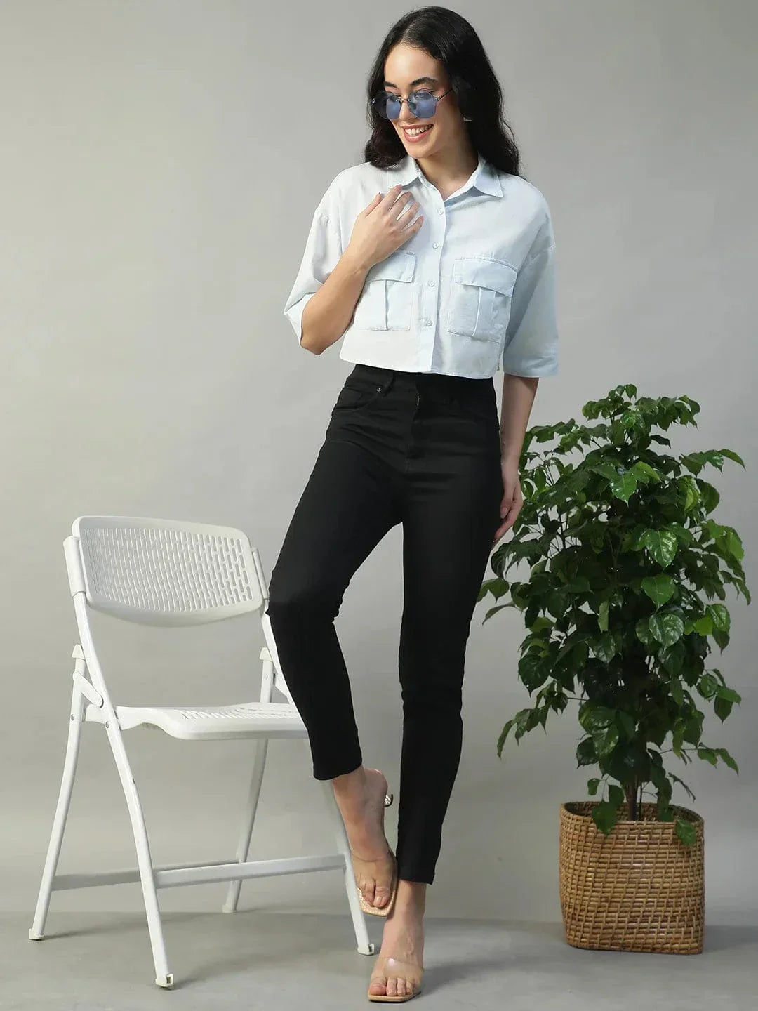 standard-solid-blue-collared-with-button-fly-short-sleeve-women-cotton-linen-crop-shirt