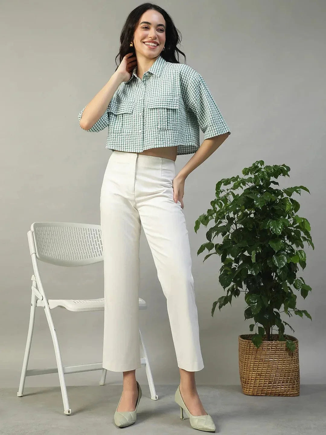 Keen Green Yarn Dyed Check Print Collared With Button Fly Short Sleeve Women Cotton Shirt - oxolloxo