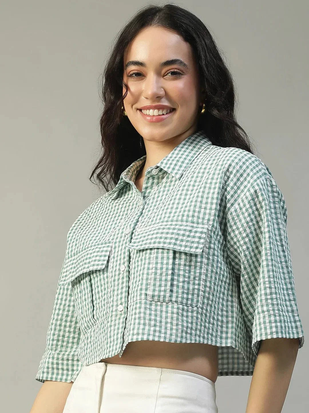 Keen Green Yarn Dyed Check Print Collared With Button Fly Short Sleeve Women Cotton Shirt - oxolloxo