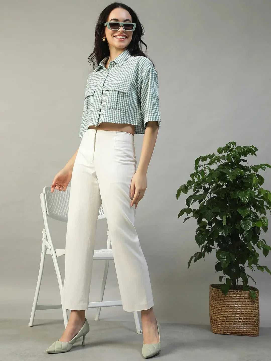 Keen Green Yarn Dyed Check Print Collared With Button Fly Short Sleeve Women Cotton Shirt - oxolloxo