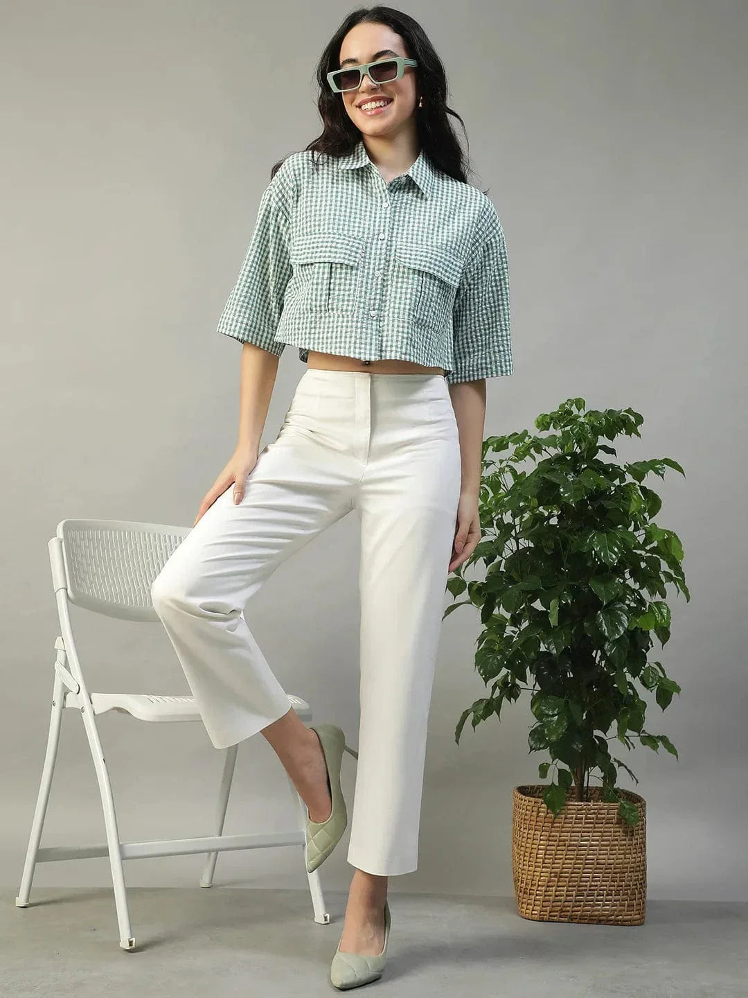 Keen Green Yarn Dyed Check Print Collared With Button Fly Short Sleeve Women Cotton Shirt - oxolloxo