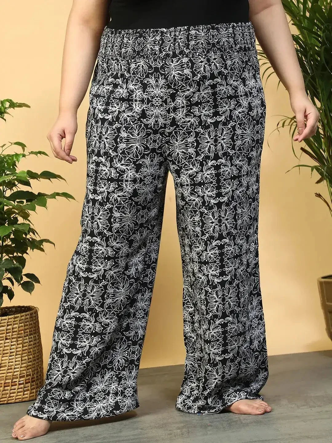 Jet Black Flared Elasticated Waist Plus Size Women Beachwear Pant - oxolloxo