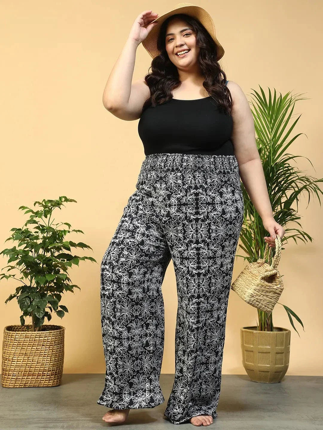 Jet Black Flared Elasticated Waist Plus Size Women Beachwear Pant - oxolloxo