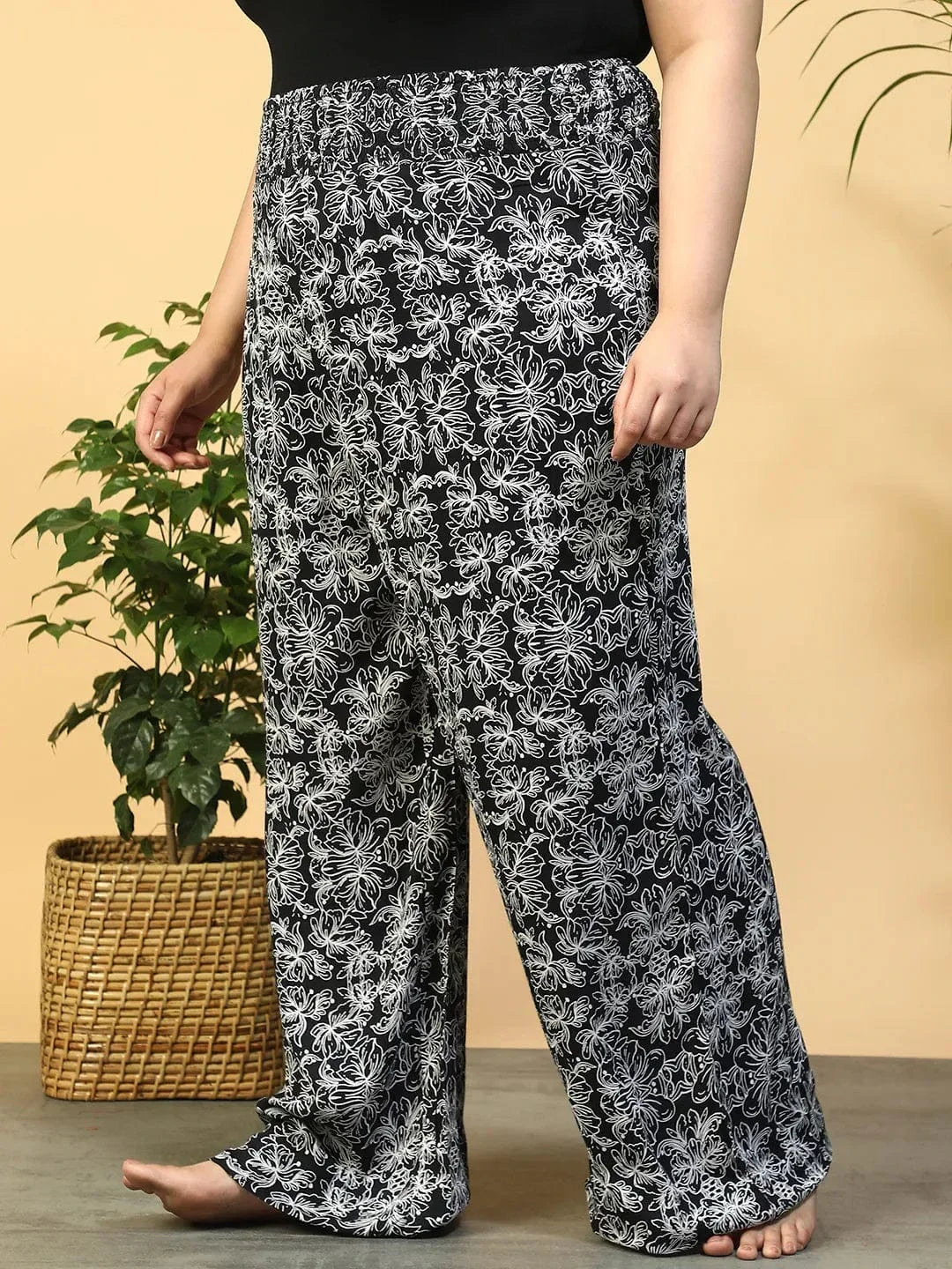 Jet Black Flared Elasticated Waist Plus Size Women Beachwear Pant - oxolloxo