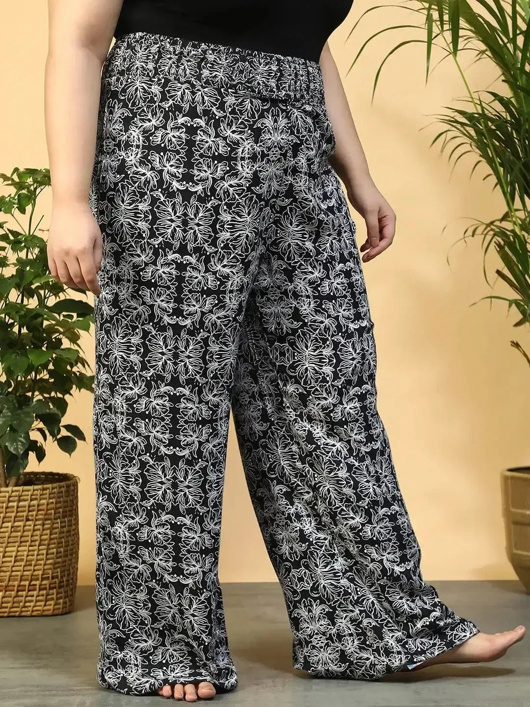 Jet Black Flared Elasticated Waist Plus Size Women Beachwear Pant - oxolloxo