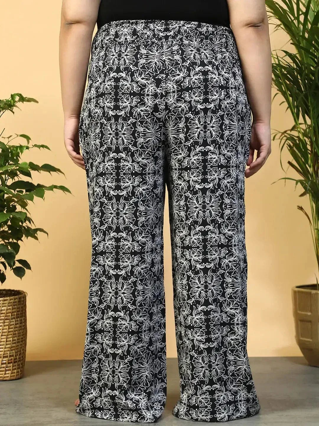 Jet Black Flared Elasticated Waist Plus Size Women Beachwear Pant - oxolloxo