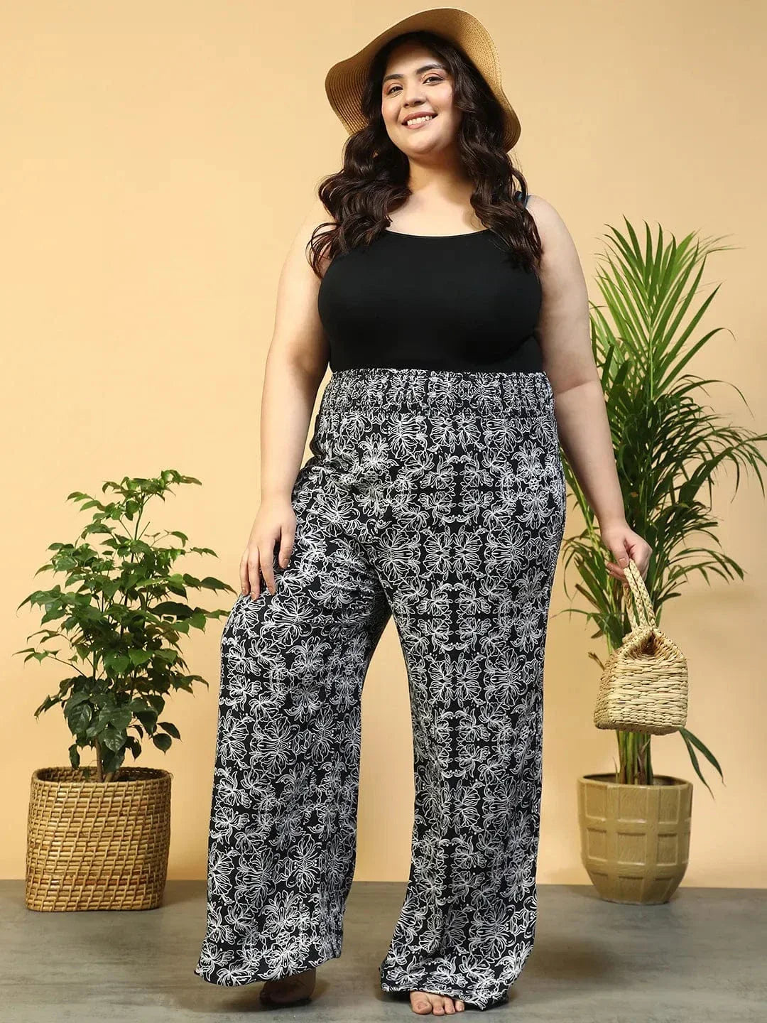 Jet Black Flared Elasticated Waist Plus Size Women Beachwear Pant - oxolloxo