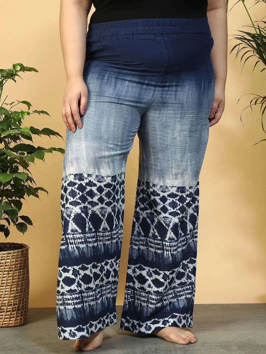 Navy Blue Tie-Dye Print Flared Elasticated Waist Plus Size Women Beachwear Cotton Pant - oxolloxo