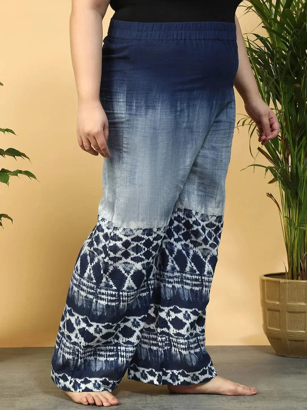 Navy Blue Tie-Dye Print Flared Elasticated Waist Plus Size Women Beachwear Cotton Pant - oxolloxo