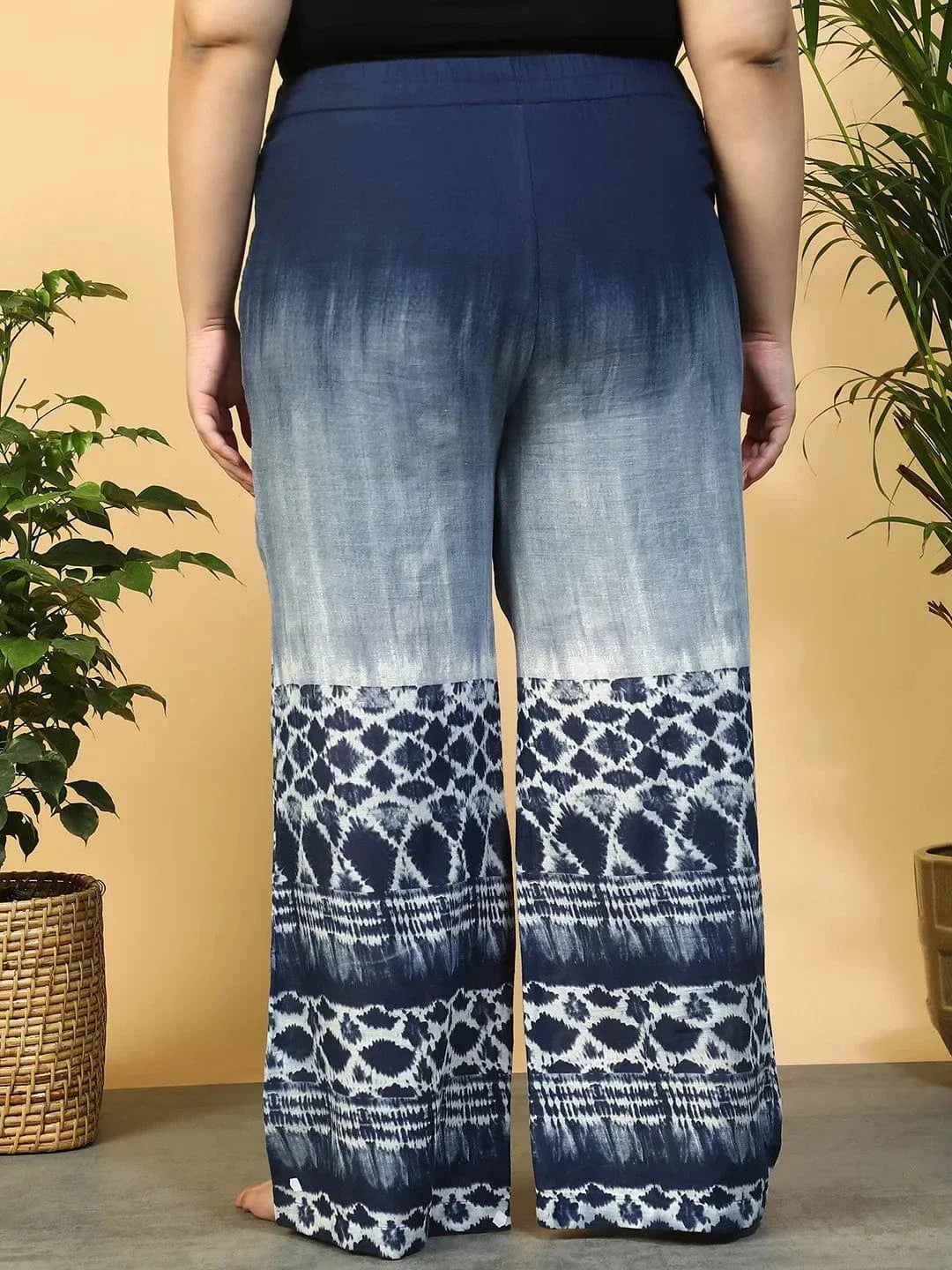 Navy Blue Tie-Dye Print Flared Elasticated Waist Plus Size Women Beachwear Cotton Pant - oxolloxo