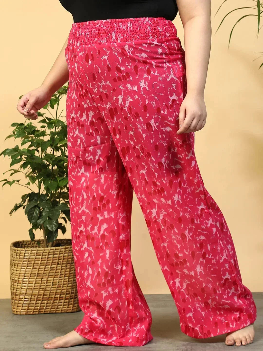 Petal Pink Flared Elasticated Waist Plus Size Women Beachwear Pant - oxolloxo